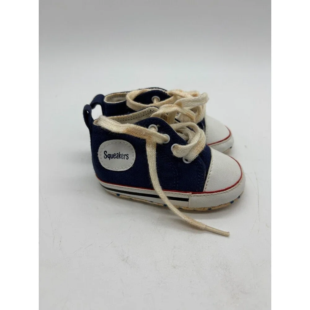 Vintage Infant 0-3 months High Top Booties Baby Navy Blue Canvas Crib Shoes